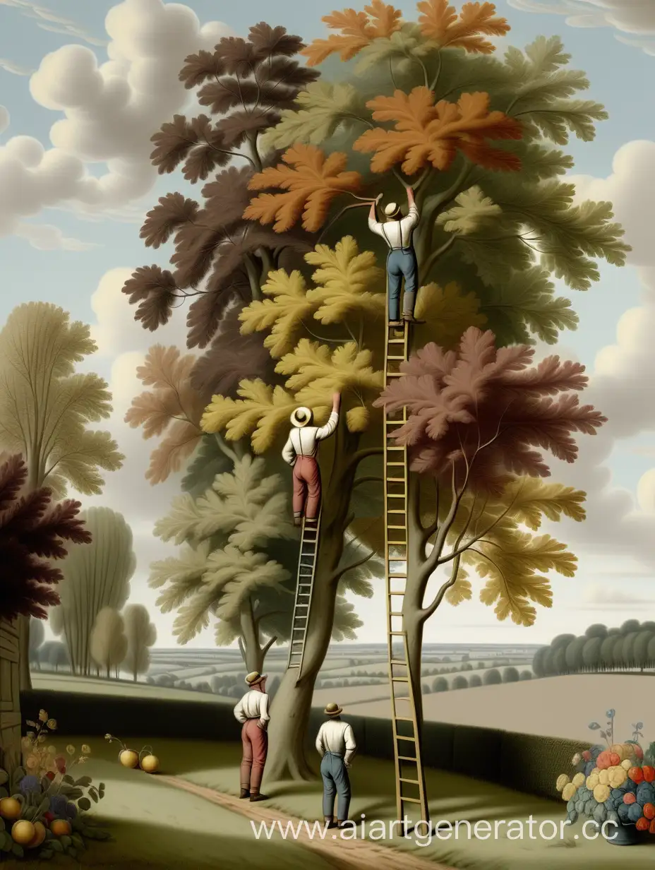 Северная Франция, девятнадцатый век, несколько деревьев стоят в ряд в отдалении, к каждому дереву приставлена переносная лестница и на каждой лестнице стоит или поднимается или спускается по ней садовник в свободной рубашке и штанах, полноцветная картина. реалистичные детали