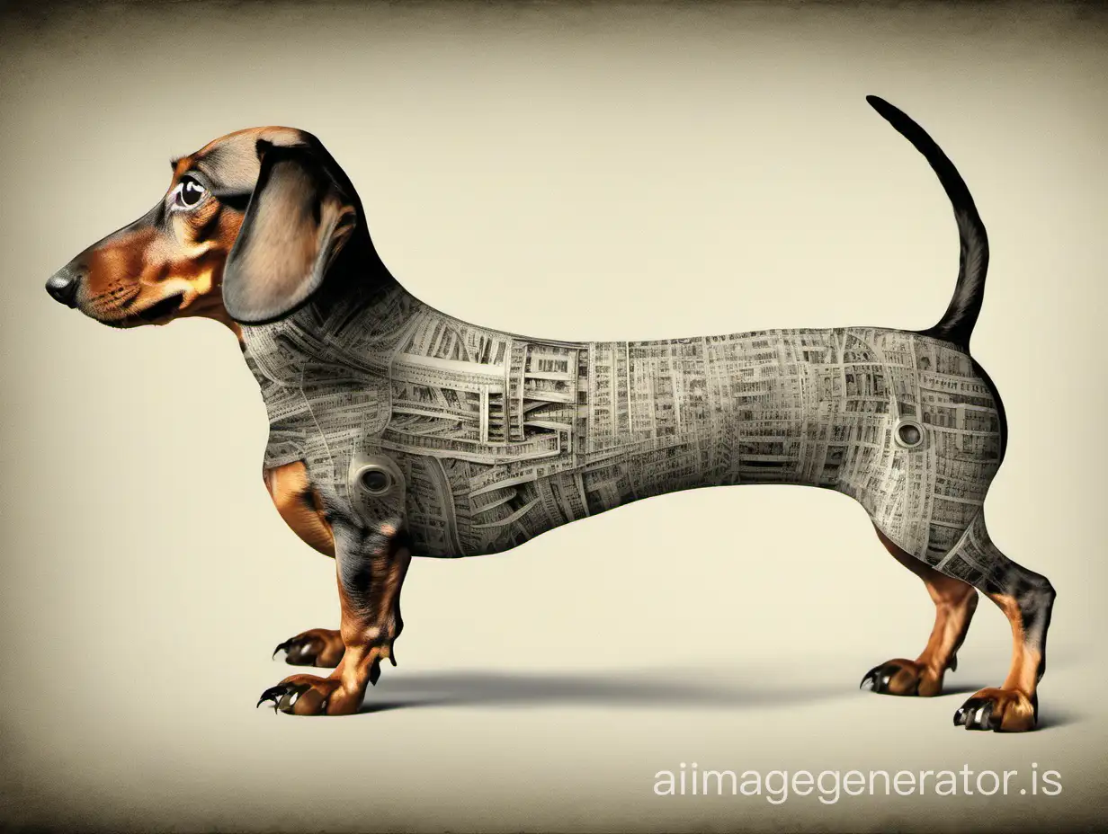 the art of composing non-existent creatures from parts, we make up one new animal from several parts of different animals, take 1 dachshund head and the front part of the dachshund's body, connect them to each other, attach another front part of the Abyssinian cat's body to the resulting parts in the abdominal area and attach it to it, we get one creature, we attach 4 legs to this creature.