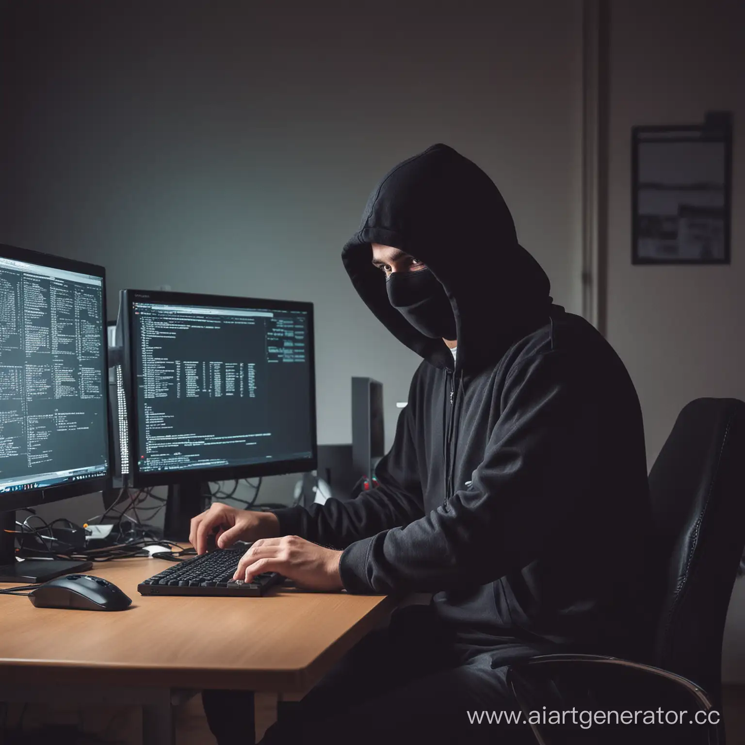 хакер в комнате с множеством компьютеров