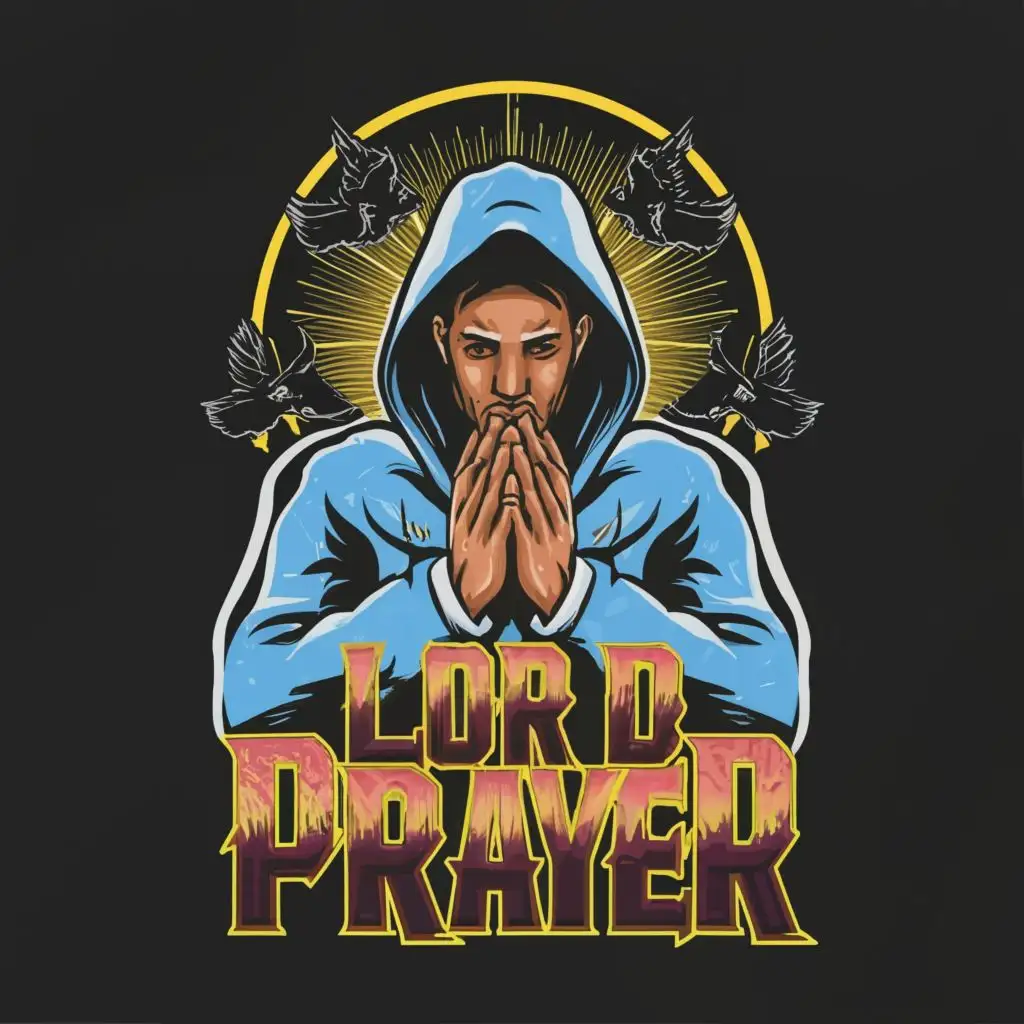 logo, Hood rapper praying, with the text "Lord Prayer", typography, be used in Entertainment industry