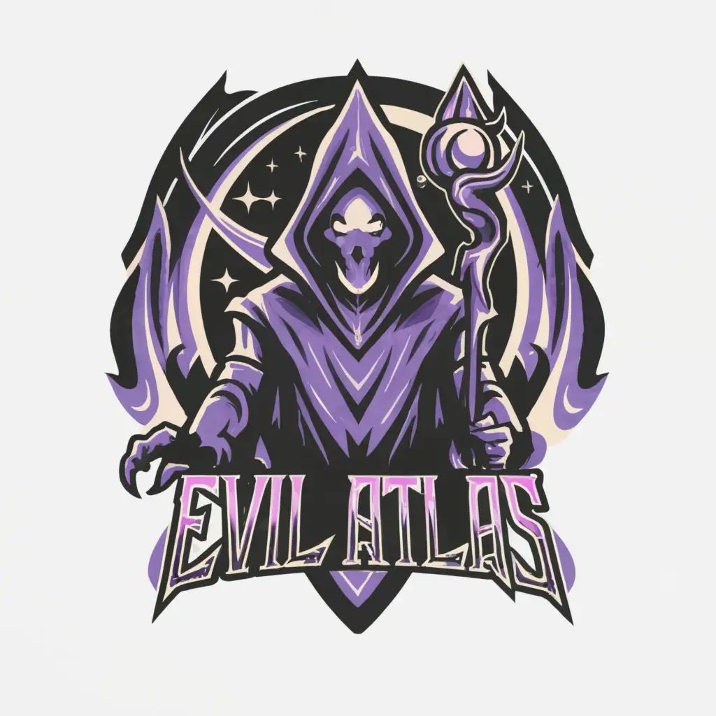 a logo design,with the text "Evil Atlas", main symbol:Thank you for your patience! Here's a description of the logo design:

The "Evil Atlas" logo features a sleek, stylized write the name as EVIL ATLAS silhouette of a hooded mage standing tall and commanding, reminiscent of characters from Dark Cloud, Final Fantasy, and Veigar from League of Legends. The hood drapes dramatically over the mage's face, adding an aura of mystery and power.

The color palette includes deep shades of black and purple, evoking a sense of darkness and mystique. Wisps of cosmic energy swirl around the mage, intertwining with the hood and creating a captivating visual effect. 

The text "Evil Atlas" is elegantly incorporated below the mage, with the letters subtly warped to reflect the cosmic theme. The overall composition exudes an otherworldly and sinister vibe, perfectly capturing the essence of the hooded mage persona.

Let me know if you'd like any adjustments or if there's anything else I can assist you with!,Moderate,clear background