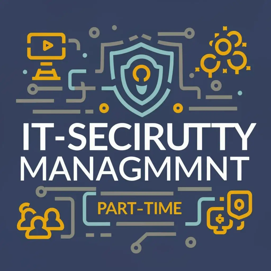 logo, Information technology, Cybersecurity, AI, Threats, Digitization, crisis management, cyberattacks, with the text "IT + SECURITY MANAGEMENT
(part-time)", typography, be used in Education industry