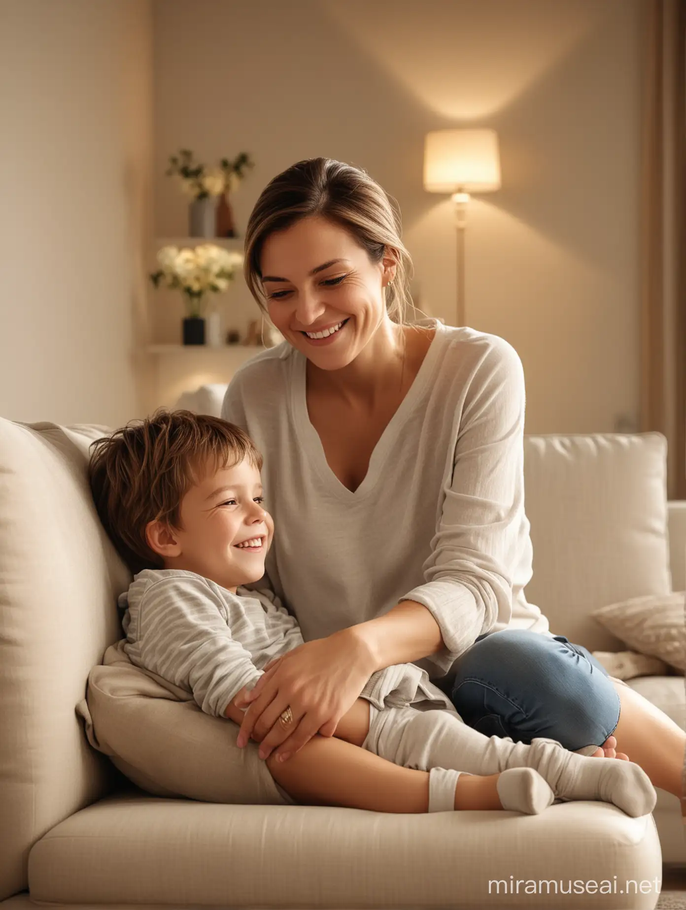 Smiling Mother and Son Embracing in Bright Clean Home Environment