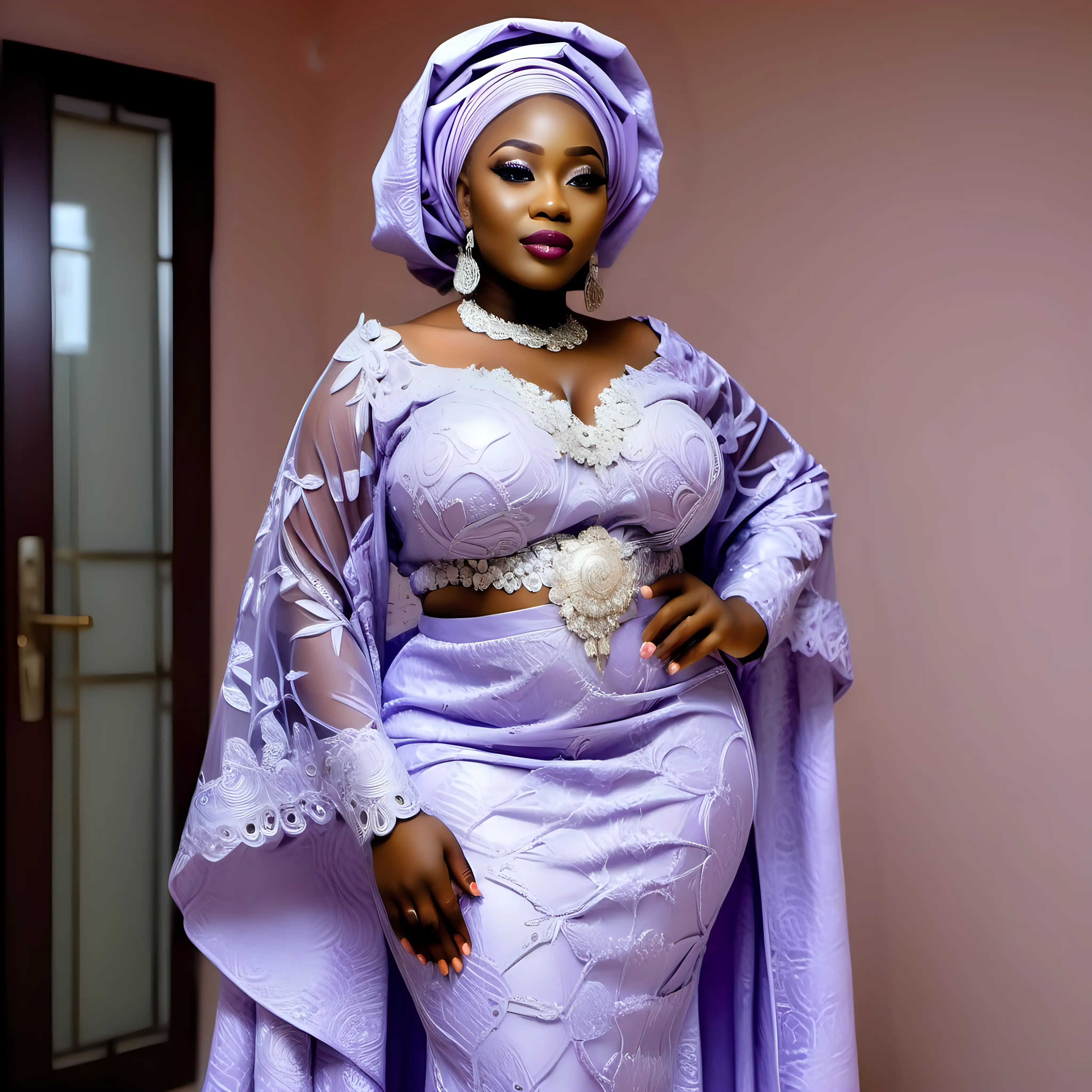 Elegant Nigerian Woman in Lavender Lace Buba and Iro with Crystal Embellishments