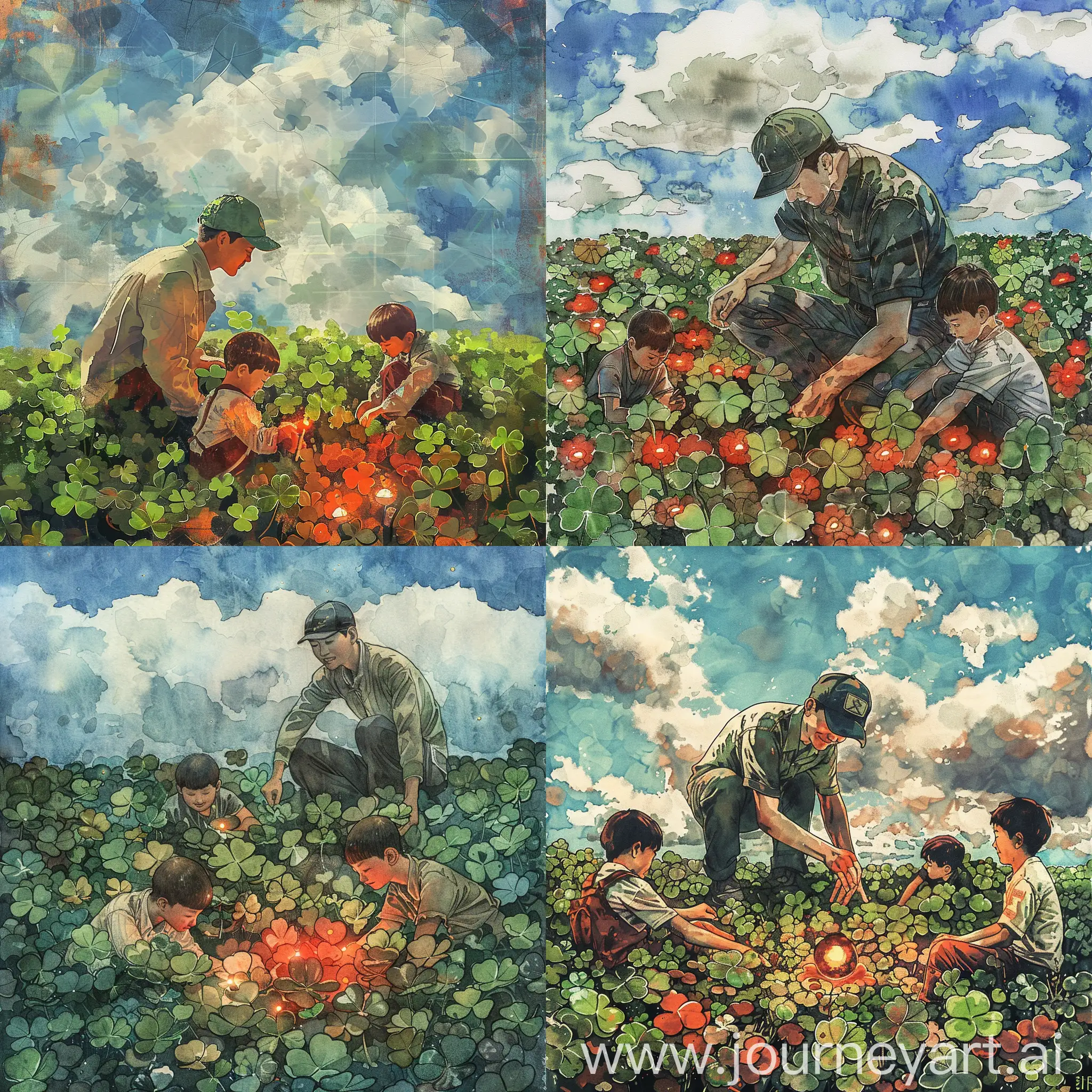 Korean-Male-Explorer-and-Boys-Exploring-Fields-of-Clover-Flowers