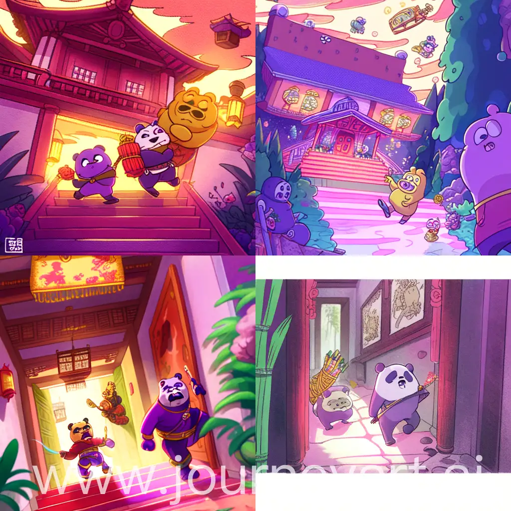 海绵宝宝和派大星抬着一只紫熊，刘旦宅风格，水墨画