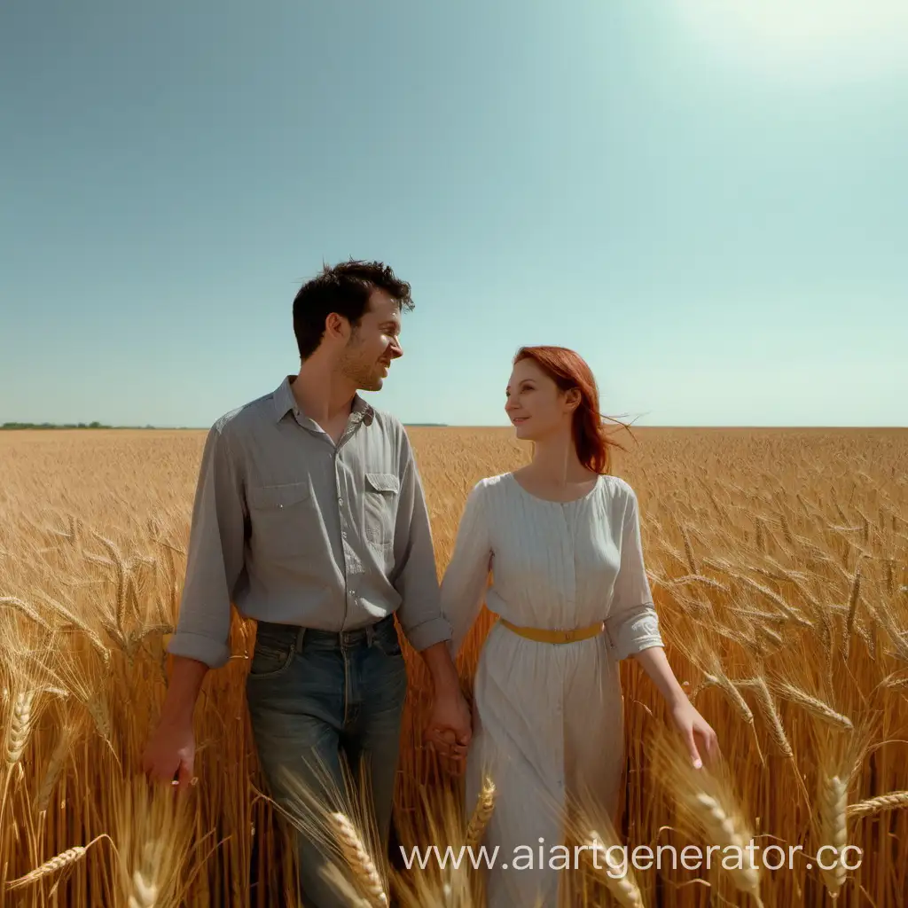 Мужчина и женщина среди пшеничных полей на фоне солнечного неба