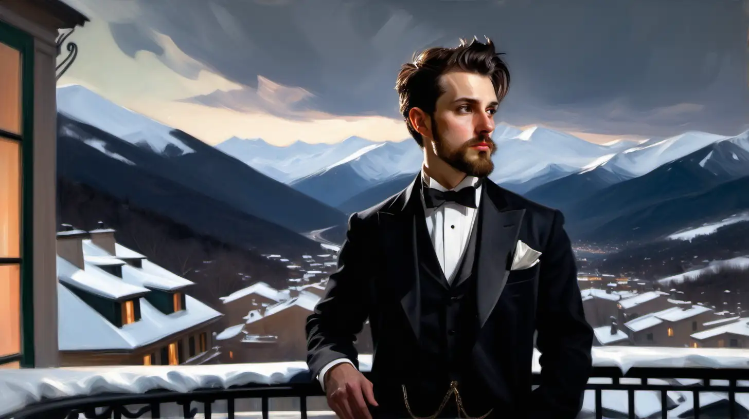 Intense Gaze Portrait of a Young Man in Tuxedo Suit on Alpine Balcony at Twilight