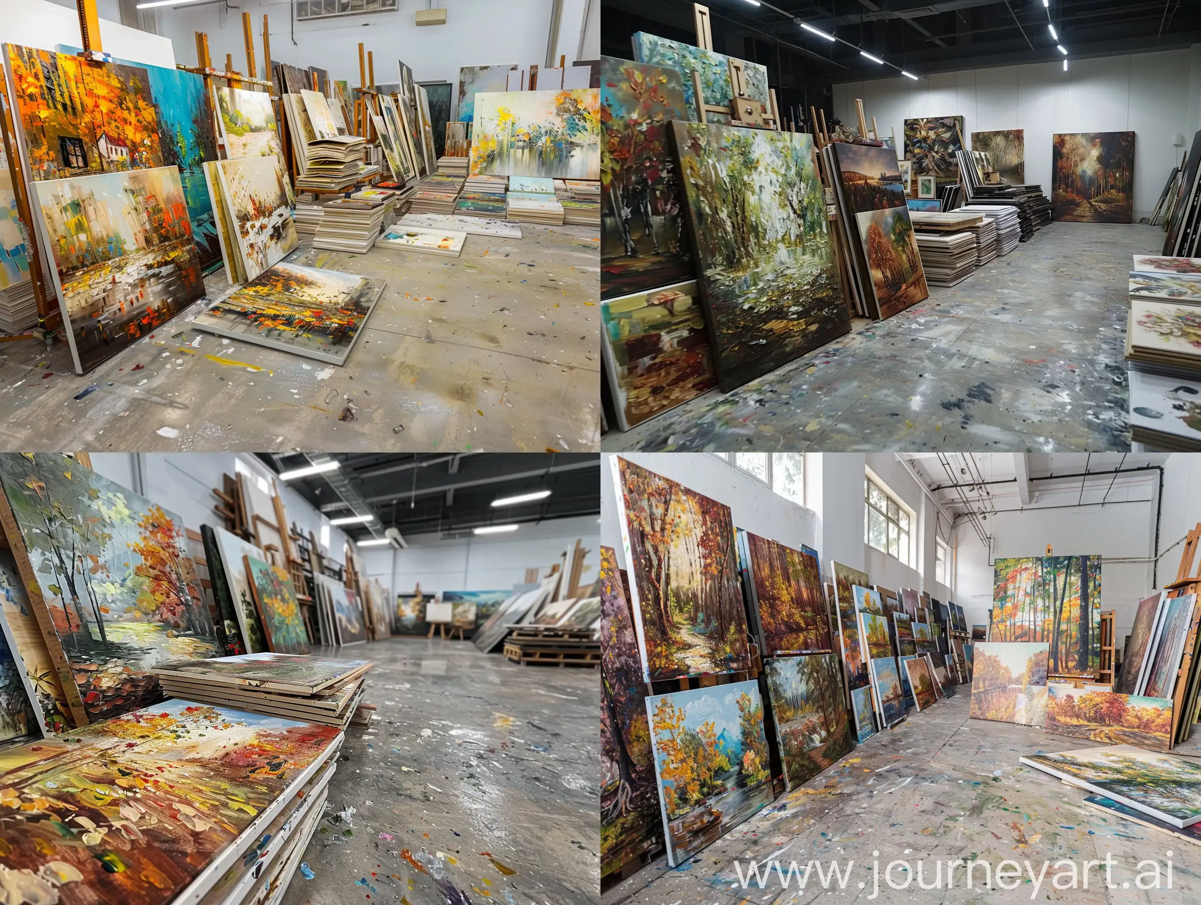 (Super large oil painting studio))), ((A large number of handmade oil paintings are piled up in the studio))), ((Arranged in order)), ((Clean non-reflective cement floor)), (Realistic, 8K resolution paintings quality, panorama)