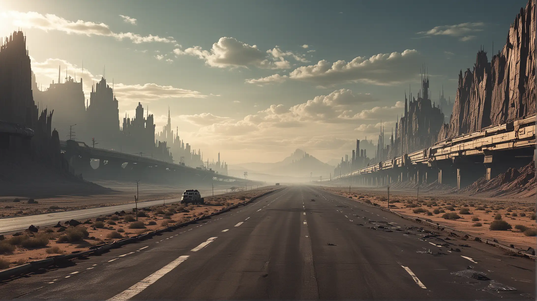 irradiated wasteland, long highway, futuristic, sci-fi