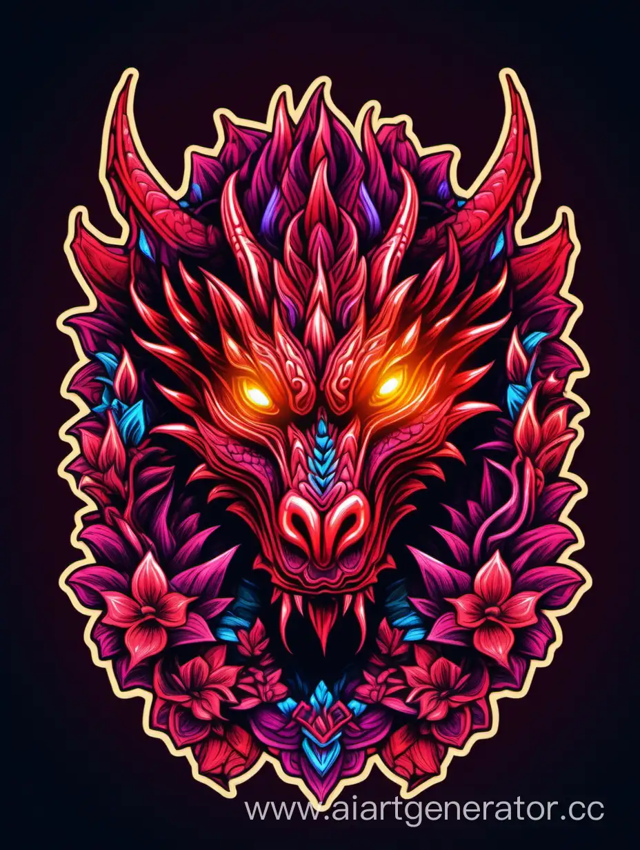 head of dragon, red neon, luminescent neon high light, intricated magma flowers , ornamental luminescent , sticker art