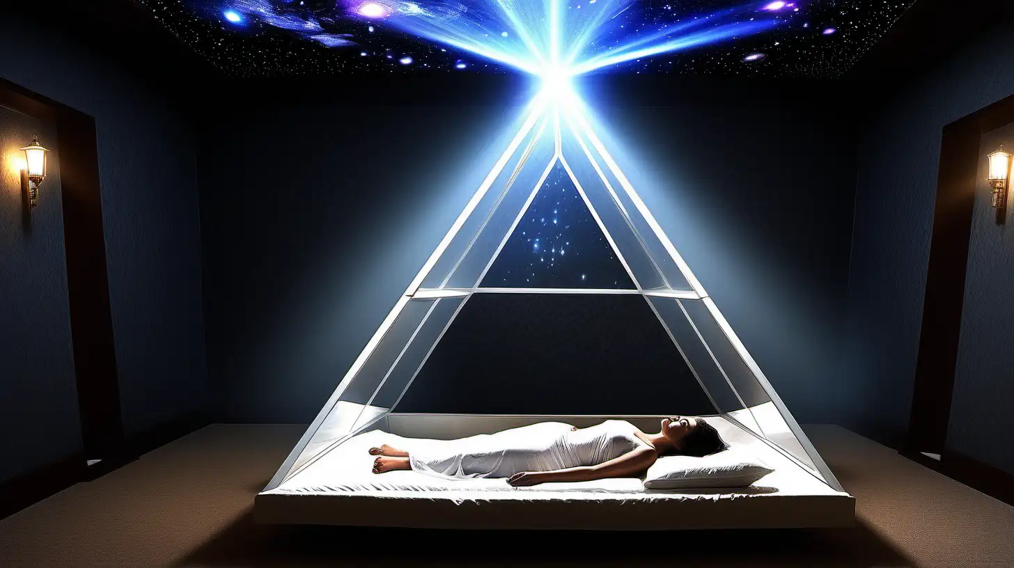 Divine pyramid healing light of galactic universe. Show pleiades around pyramid pouring light into a human laying inside pyramid receiving healing. Make it cinematic and realistic like a movie. Make the pyramid a copper pyramid with crystals on the top and at the corners. Make the human lying down on a bed inside the base receiving the light pouring into their heart and body. Make it cinematic and realistic like a movie even more. Make the pyramid see through and inside a room on a space ship. Make it more cinematic and realistic. Now have light pouring in from the star illuminating the human. Just like that but now put a human laying on a bed inside the pyramid receiving the light. Now put the pyramid in a room under the galaxy and pleaides. Make it cinematic and realistic like a real life movie. Show the light entering and reach the human's body. Make it more real-life and cinematic. More healing light into the human. Show crystals around the room. Make it more cinematic and realistic. Bring the light further down into the body. Put clear quartz crystals in the corners of the room and make them shine bright. Add Galactic Confederation of Light. Add source light healing. Add light beings around human healing them. Now add universal angels around the room. Make it more cinematic and realistic. More real life like. More realistic. More cinematic like a movie. Now put crystals in the corner of that room. And make her breasts smaller. Make her wearing white clothes. Make the clothes less revealing. Put her legs together. Make her lay flat. See angels around here. Make her lay flat now. Have the light shining in her heart. Add the pleiades. Add galactic light pouring over the human. Make the human less sensual. Make it more life like. Make it more life like. Make it more cinematic and wondrous