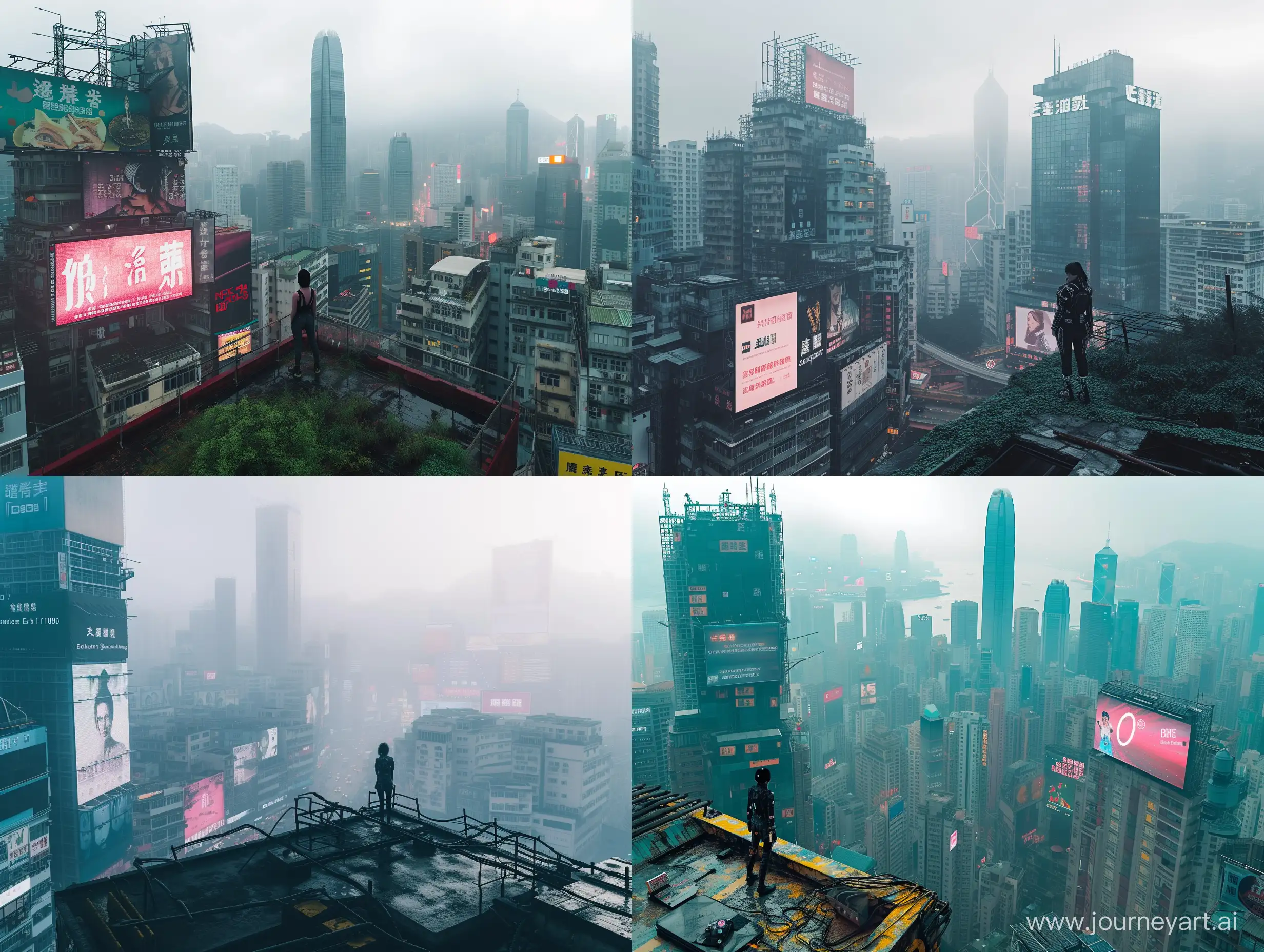 a bustling large Procedural hong kong cityscape, the photo is bathed in natural lighting, relaxing day time setting. Shot in 4k with a high end DSLR camera. such as a Canon EOS R5 with a 50mm f/1. 2 lens, creative architectures, drone view, skyline, vivid, foggy, dystopian, science fiction, skyline, billboards, nature, year 2100 futuristic, a cyberpunk woman standing on the roof looking at the viewer, 

