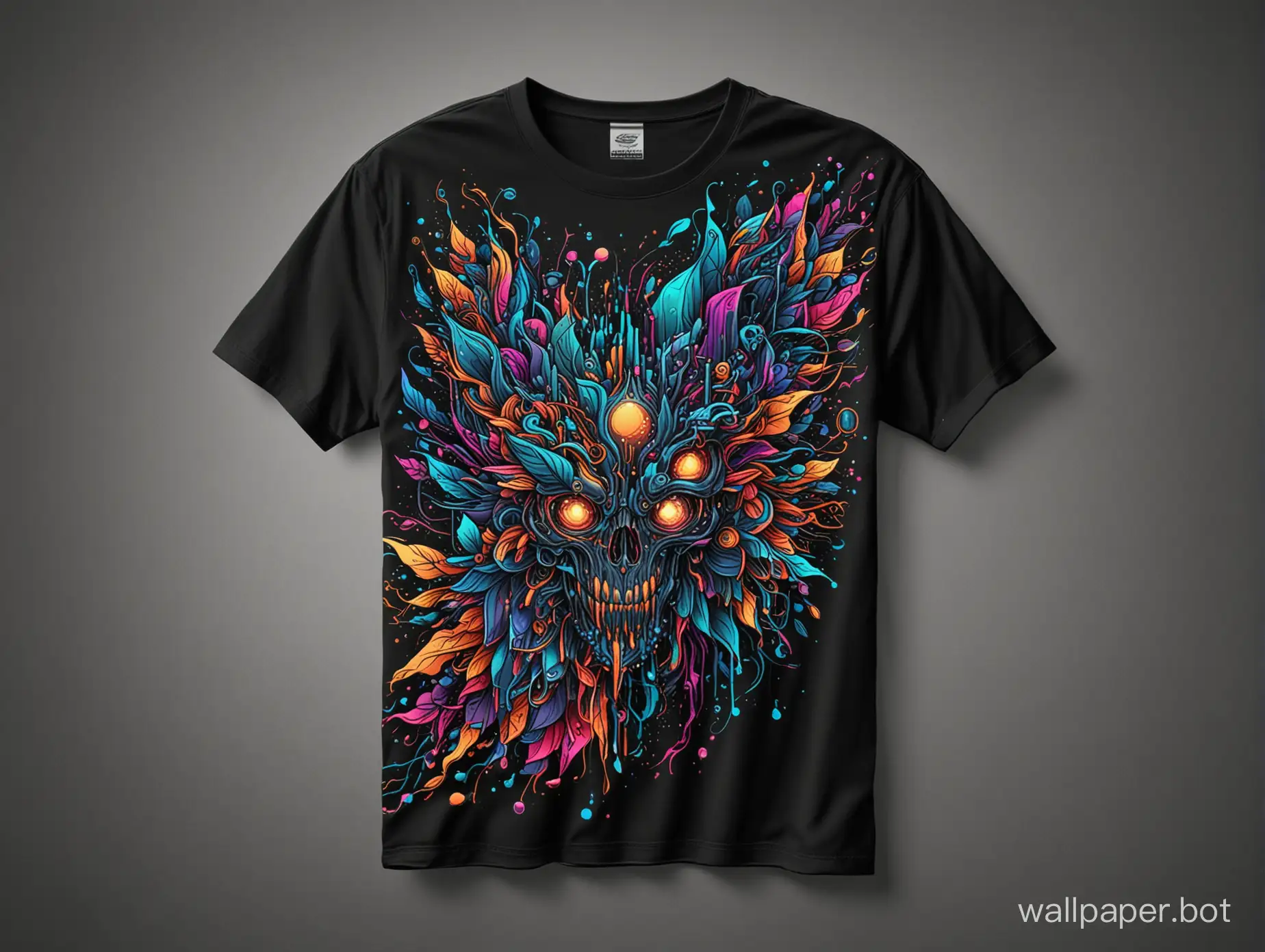 black t shirt mockup template, shirt, botanical art style, colorful abstract cyborg, fluid lineart illustration on shirt, constrast lineart, explosive colors