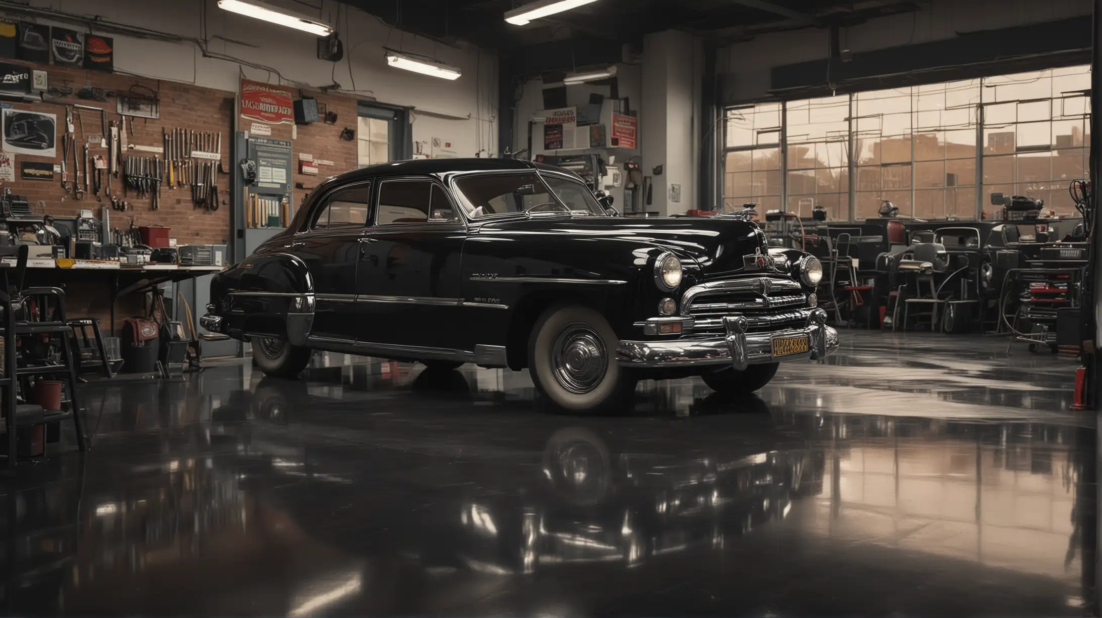 An image of the interior of a car repair shop with a chrome theme, a shiny black floor. A black vintage 1949 Hudson Commodore car is in the foreground. Cinematic lighting, photographic quality.