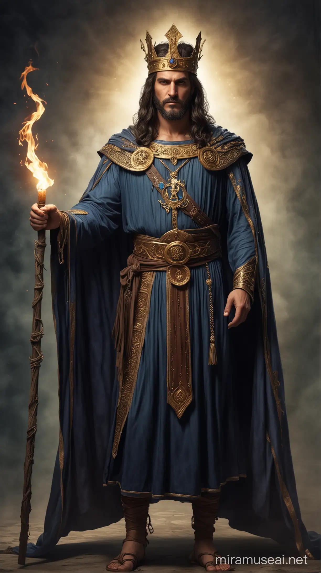 Mystical King Sorcerer in Regal Greek Attire with Enigmatic Witchcraft Aura