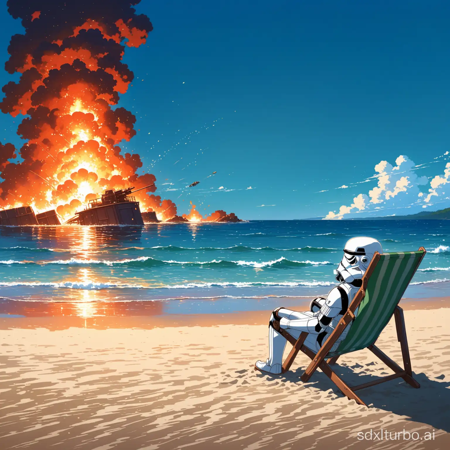 Drawing with great detail in textures and brightness. Anime, Your name, Makoto Shinkai. men with stormtrooper helmet in the beach of French postwar period, watching the sea, burning metal elements falling into the sea, no shirt, red crab carrying a stormtrooper helmet in its claws, sand and sea, meaddle shot, monet style, portait shot, beach chair. Detail of skin texture, bokeh, contrasting and intense colors.