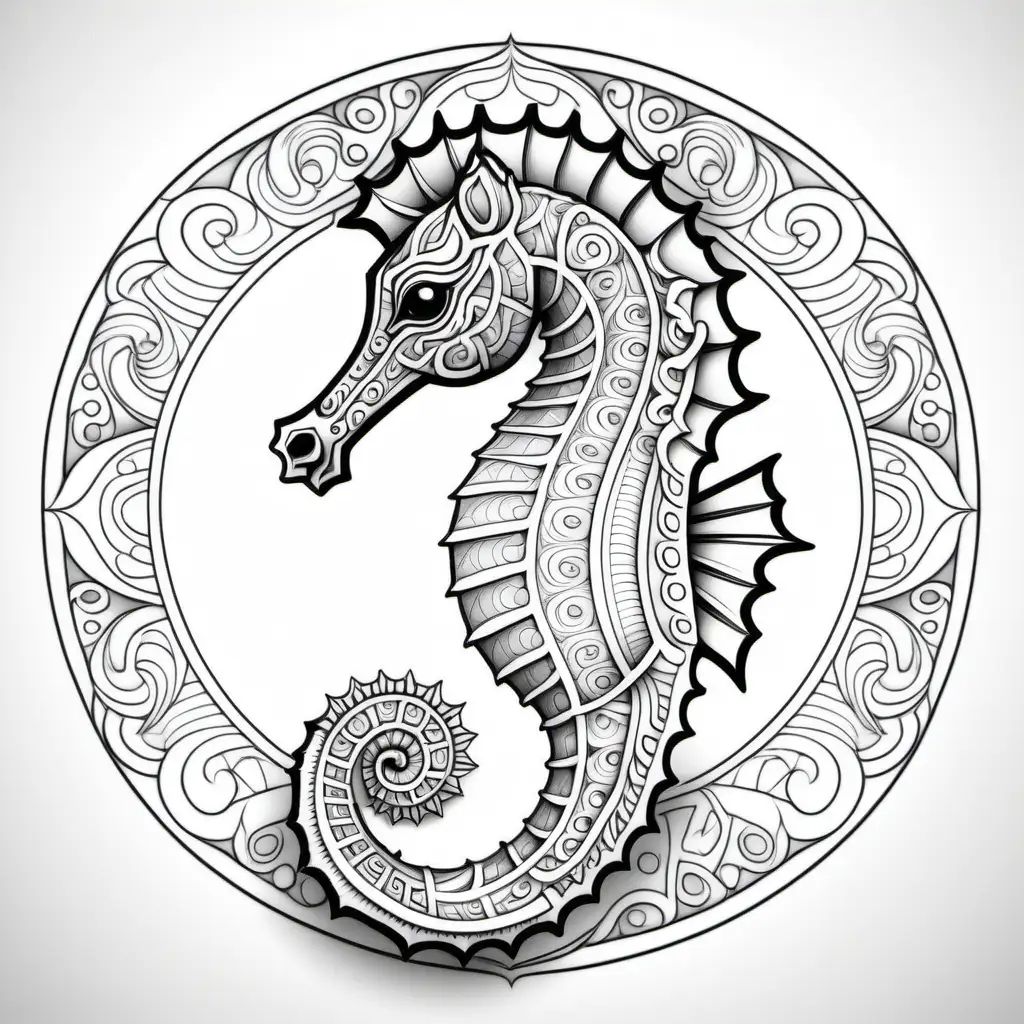 coloring page for adults, mandala, Seahorse, white background, clean line art, fine line art 