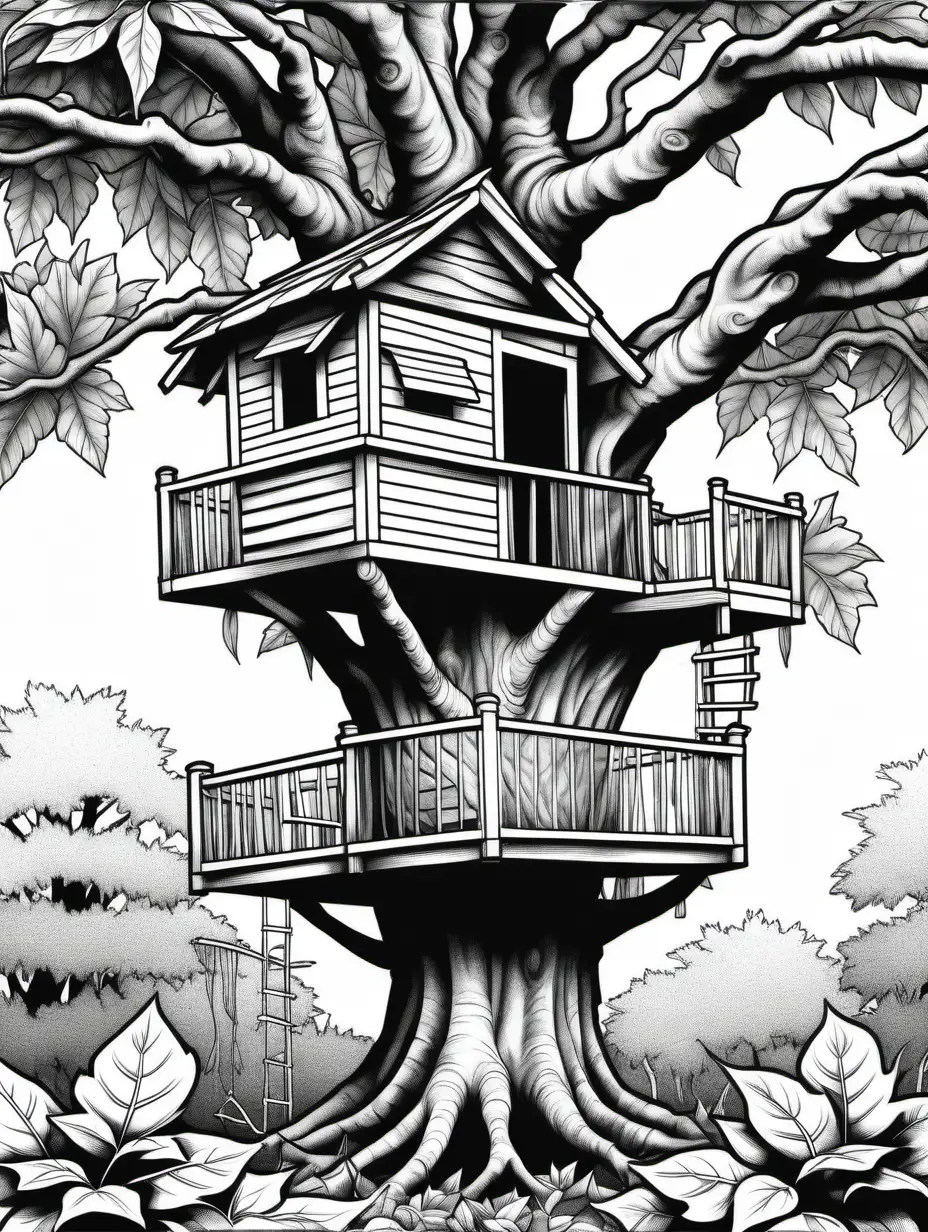 Jamaican Style Tree House Coloring Page with Individual Elm Leaves