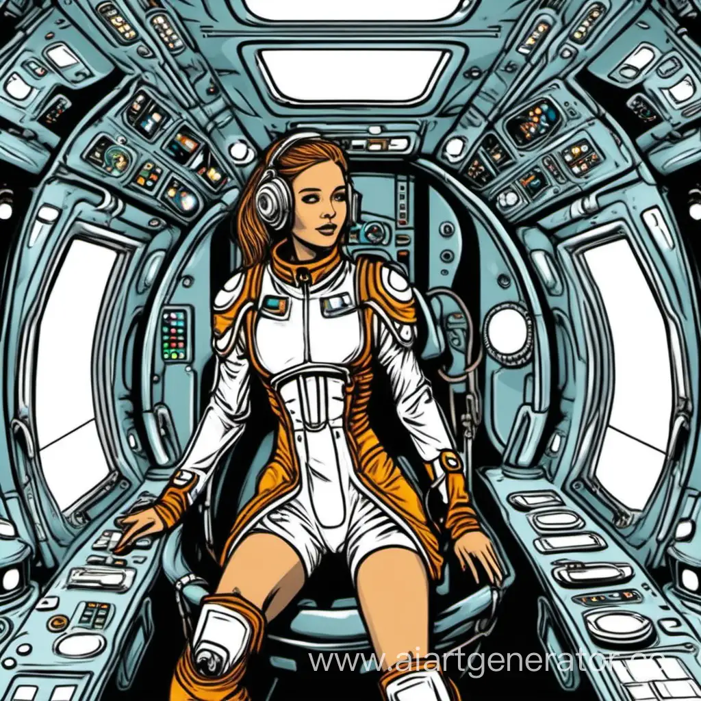 девушка в фэнтези костюме на космическом корабле, экипаж общается
