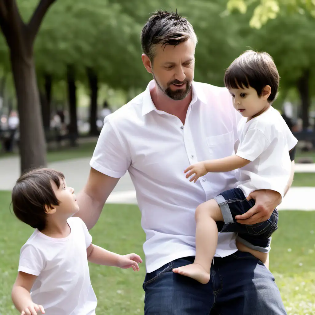 White male, ca. 34 years old, with black short hair, short beard, in white shirt. Playing with his 2 children, a 5-year-old girl and a 2-year-old boy, in the park.