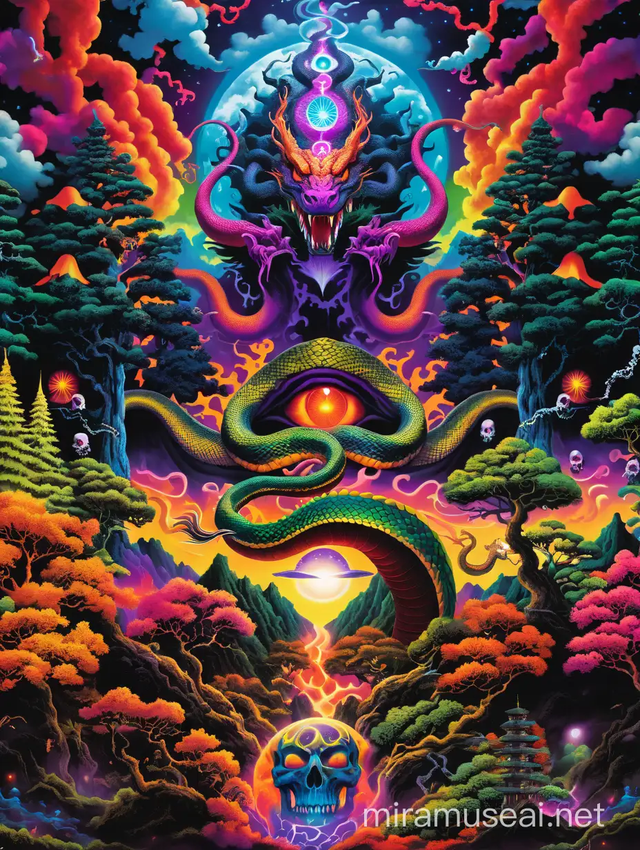 Psychedelic visionary world, vivid colors with japness clouds , dragon, snake , forest tress, dead skulls, dj , sounds , third eye energy both side lamp down side fully dark hell world
