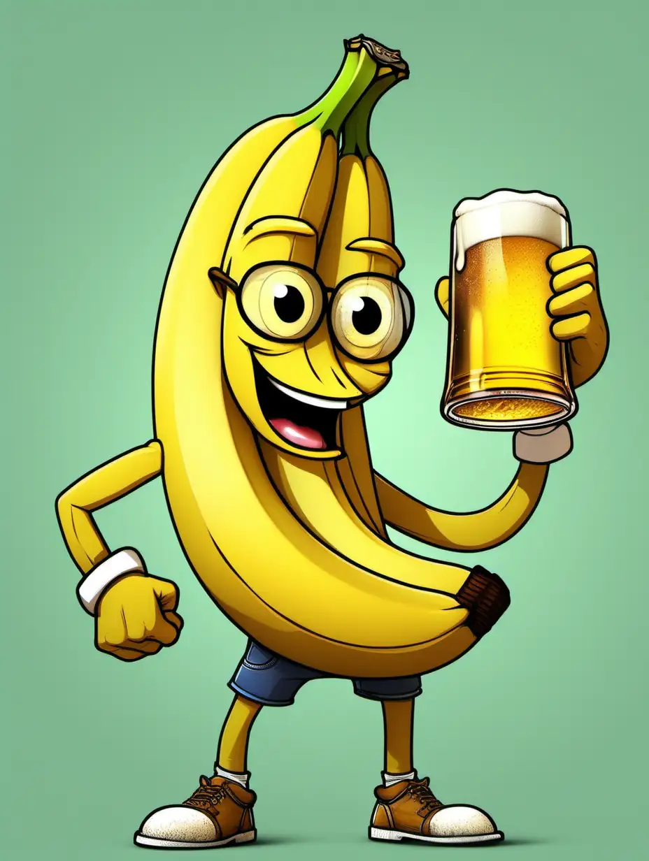 banana that has a handsome face, banana with muscular arms and legs, drinking a giant glass of beer