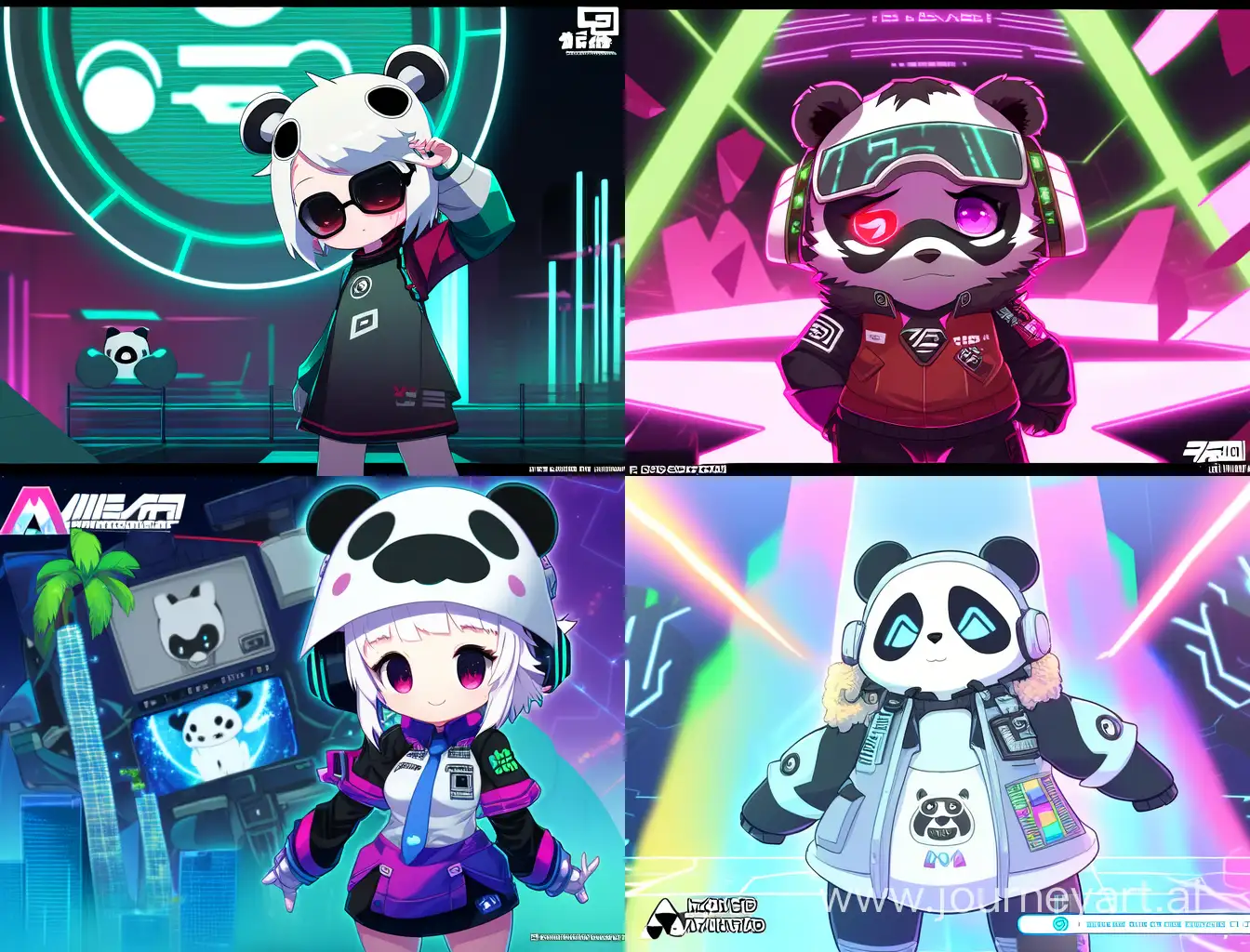 可爱的科技熊猫,站在未来世界前，身穿带有字母A的衣服