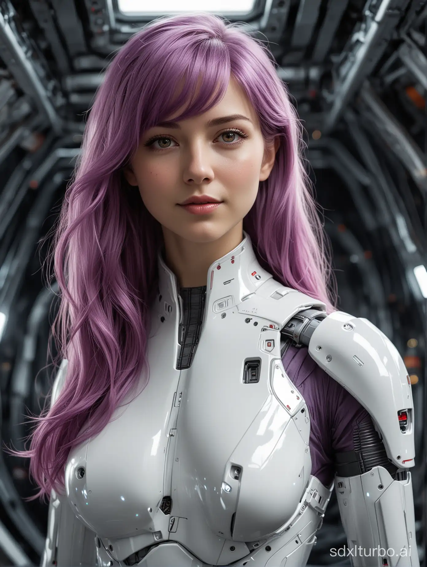 In the vast expanse of deep space, aboard a formidable warship, a petite android stands upon the deck, her figure a mesmerizing blend of sleek machinery and graceful femininity. From the neck down, she is predominantly mechanical, her form encased in white plasteel armor with striking red accents emitting a subtle glow, seamlessly integrating with her human-like features.

Long silky mauve hair cascades down the length of her back, stylish bangs framing her youthful, yet remarkably detailed, android face. With delicate sensors mimicking human expressions, she wears a wide grin as she gazes out into the infinite abyss beyond the viewport.

Her eyes, a captivating shade of purple, gleam with a hint of artificial luminescence, reflecting the distant stars that dot the cosmos. In this moment, she is the embodiment of freedom, a testament to the boundless possibilities that await those who dare to explore the depths of space and the uncharted territories that lie beyond.