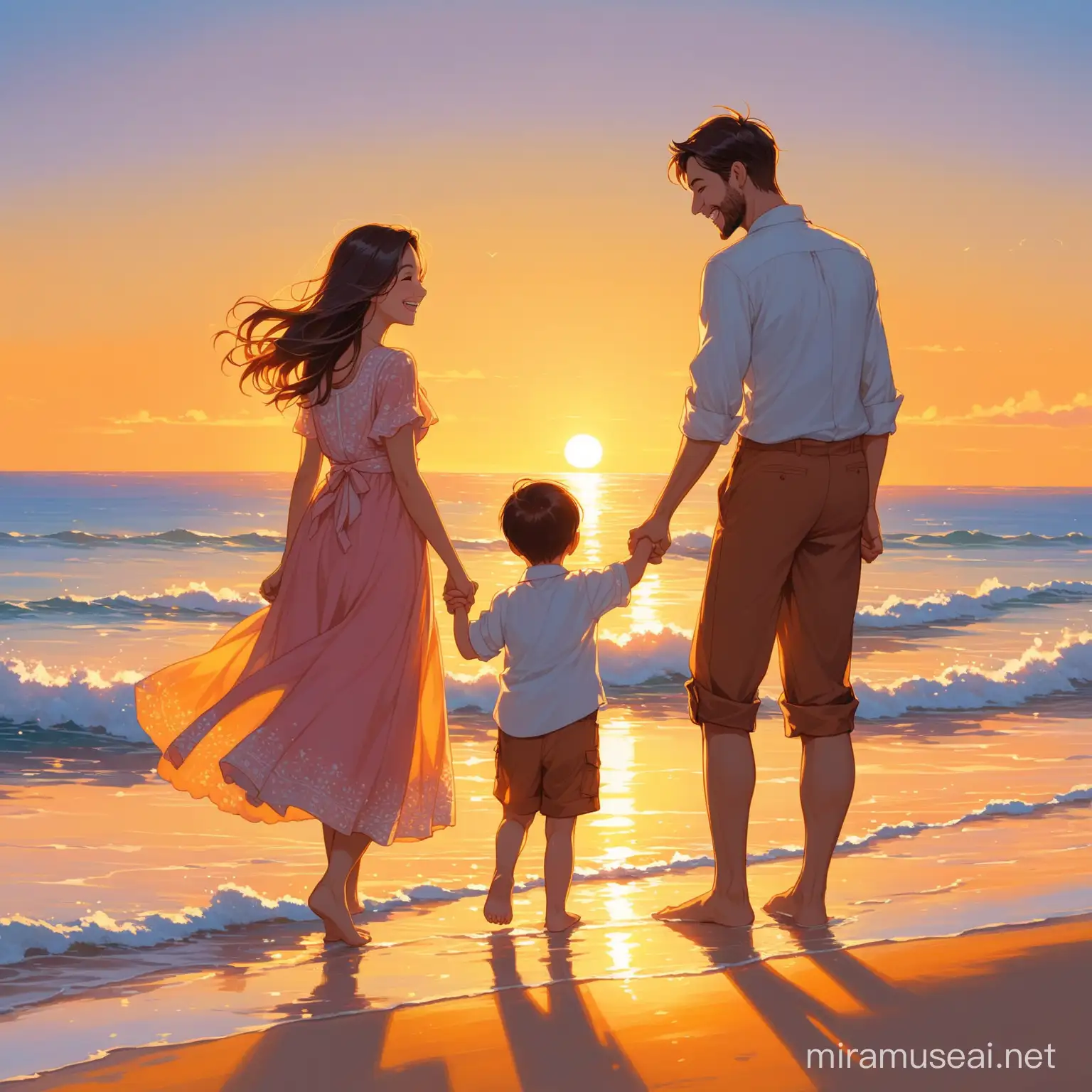 Муж и жена,а с ними дети : мальчик и девочка встречают рассвет на берегу океана.Все в красивых одеждах,радостные и счастливые.
