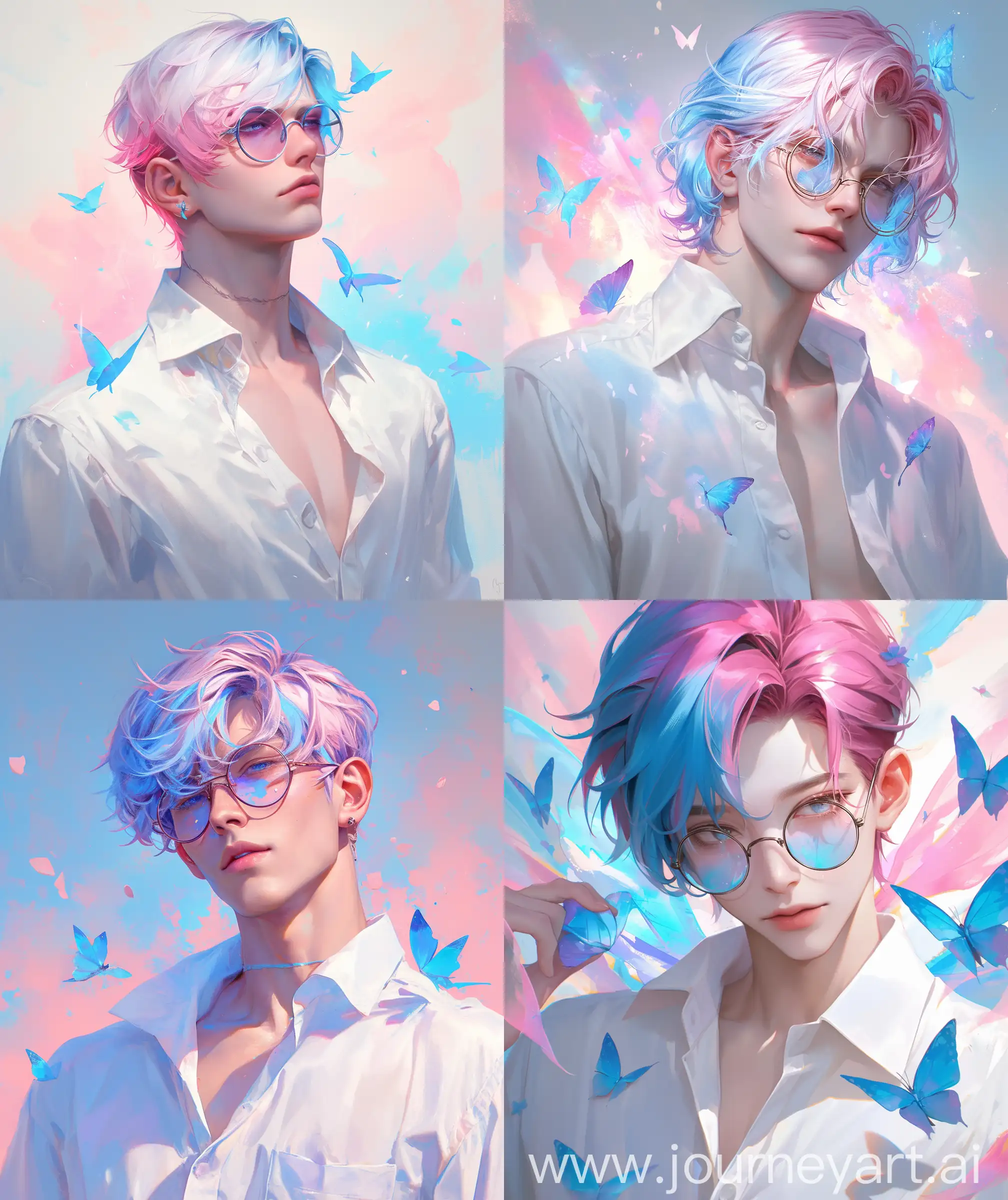 Male fantasy character, illustration, potrait with light pink and blue hair, circular glasses, blue and pink butterfly around, ultra, hd, High quality, handsome and good looking, illustration, Fantasycore, white shirt, light pink and blue gradient oil painting background --ar 27:32 --niji 6 