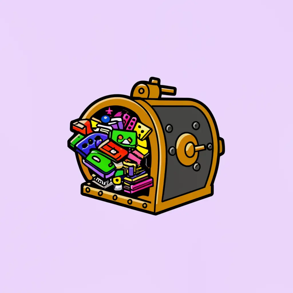 a logo design,with the text "90s Vault Podcast", main symbol:a Vault being opened filled with pogs, toys and video games,complex,clear background