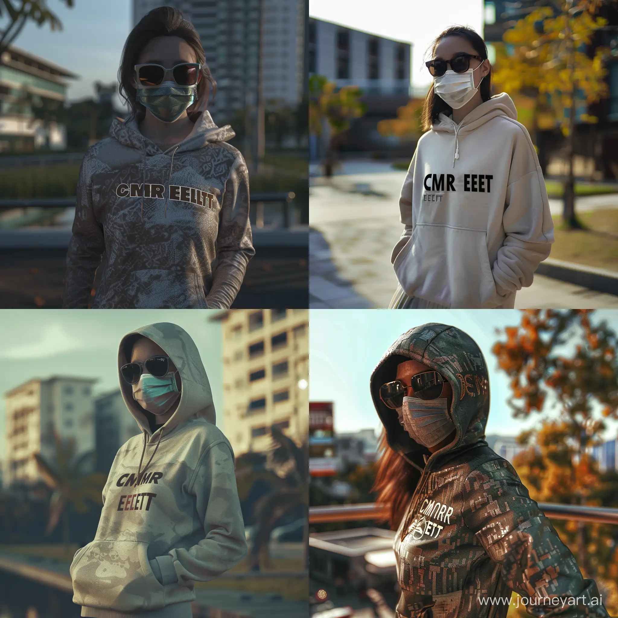 A 30-year-old woman from Indonesia wearing sunglasses, a mask, and a hoodie with the inscription 'CMR elite' is clearly seen standing on a campus, with the surroundings of the campus, realistic HD lighting, and sharp colors.