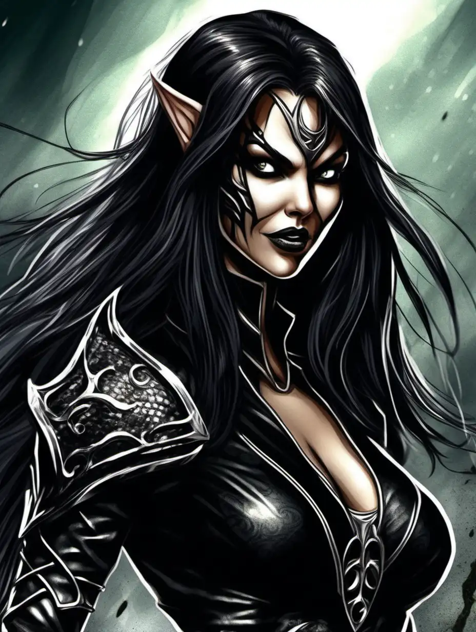 Sexy evil she elf in a detailed fantasy style with big Sharp teeth, curvy body and a face similar to Mileena from mortal Kombat, wearing a black tight leather catsuit holding a black sword, really pretty with very long straight hair in a detailed fantasy style 