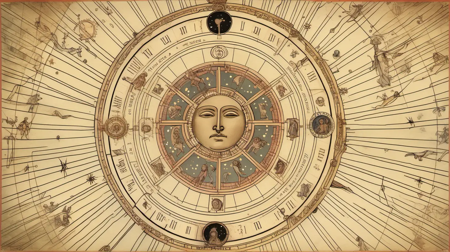 astrological wheel with human faces flying around the wheel, muted colors, loose lines