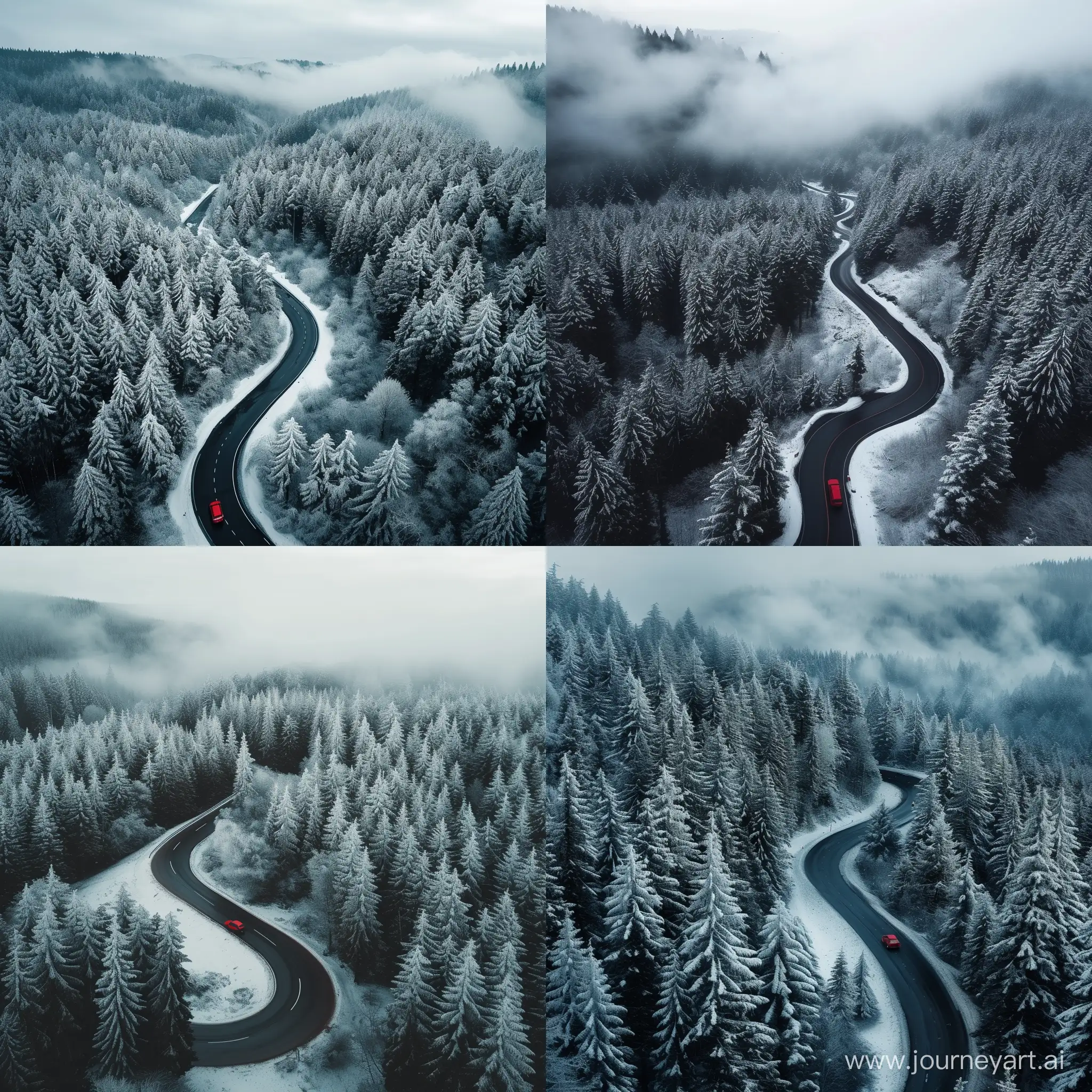 Mysterious-Winter-Drive-Red-Vehicle-on-Snowy-Forest-Road