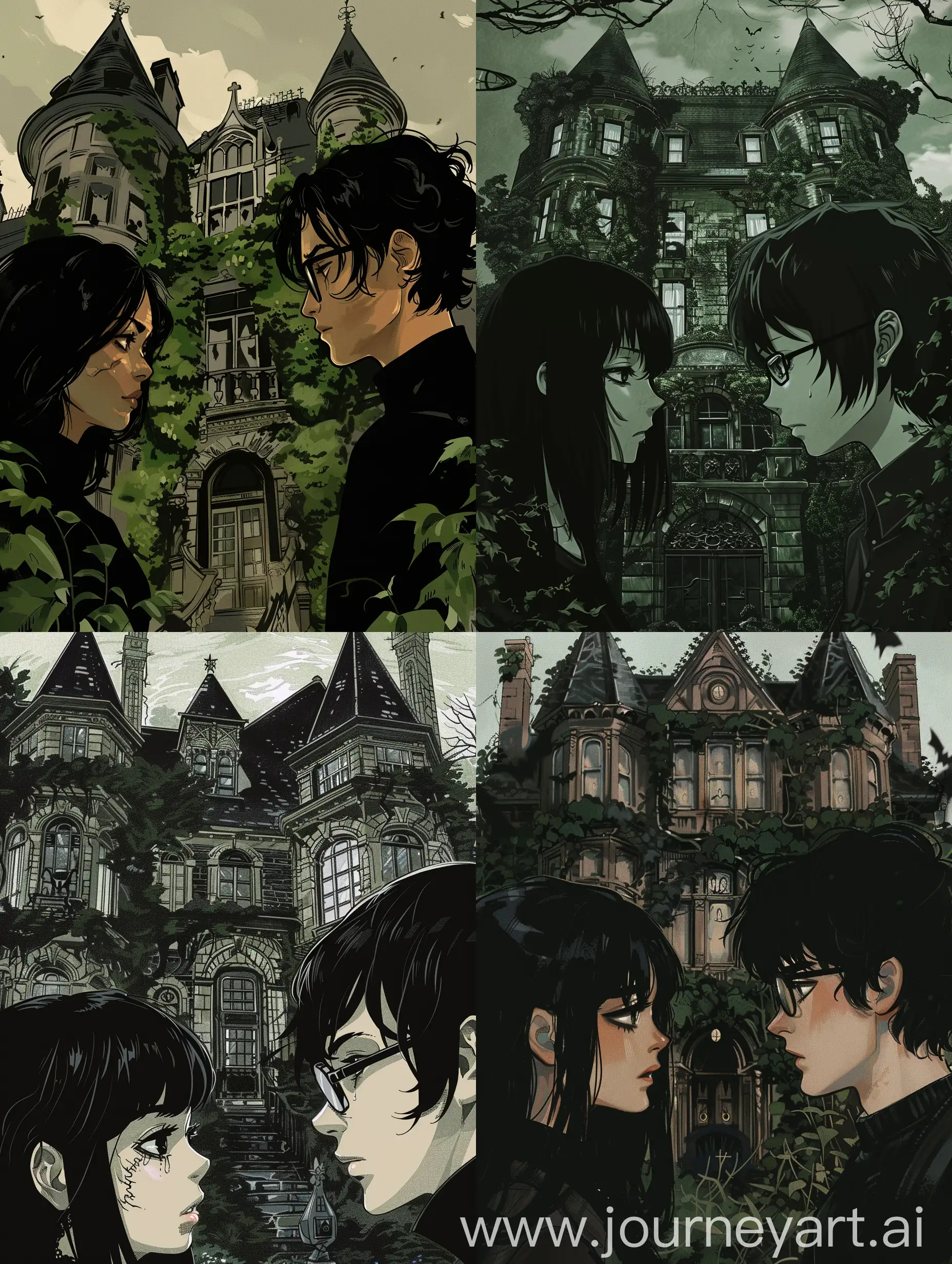 a haunted big manor with ivy covering it, a black-haired woman and a black-haired man with glasses standing in front of it and looking at each other