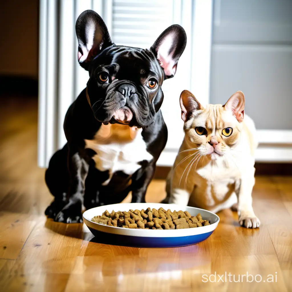 French bulldog and cat breeds are happy and hungry, they are crouched in front of a bowl of kibble on a parquet floor at home, looking straight ahead
