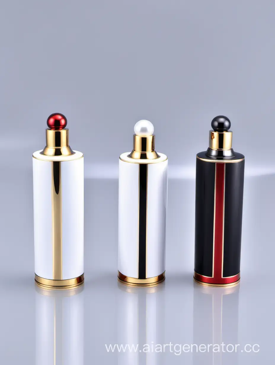 Zamac-Perfume-Decorative-Ornamental-Long-Cap-in-Pearl-White-and-Black-with-Matt-Red-White-and-Gold-Lines-Metallizing-Finish