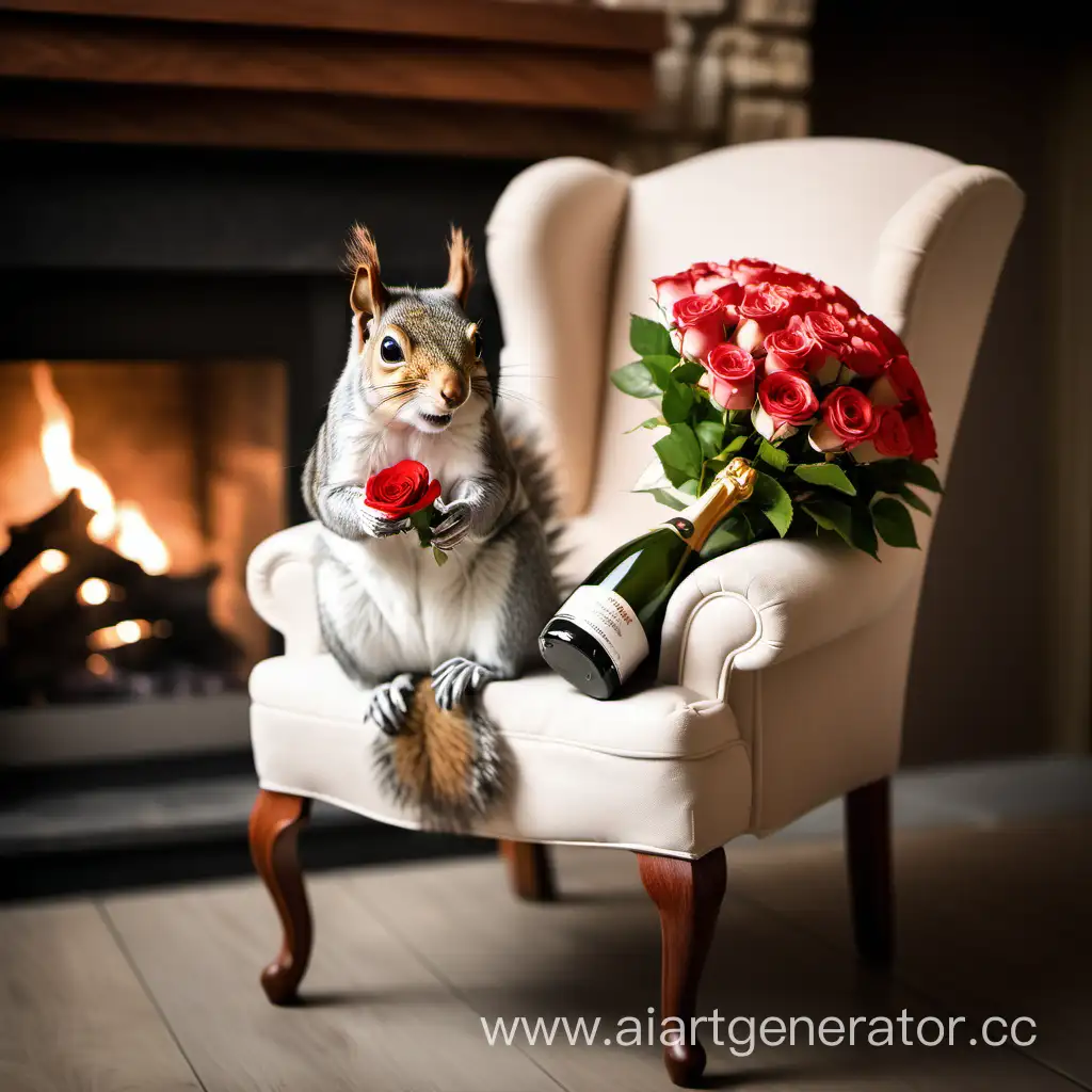 Squirrel-Holding-Bouquet-of-Roses-and-Champagne-by-Fireplace