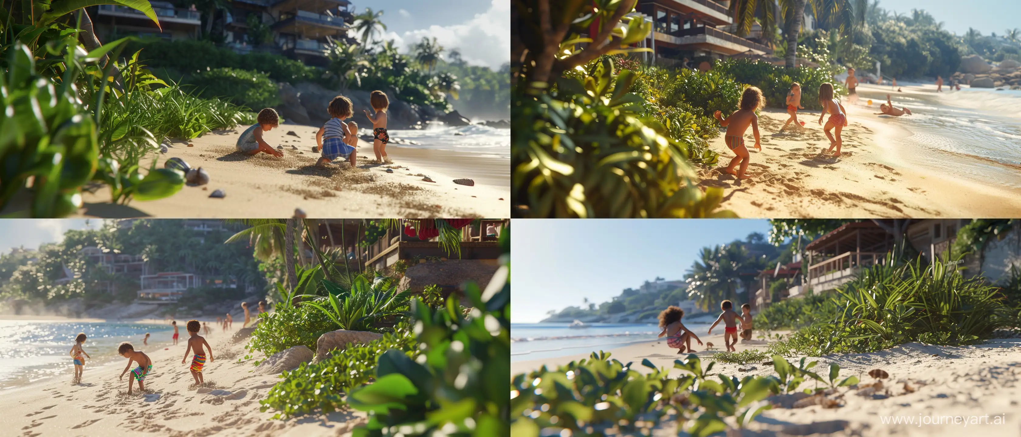 children playing on the beach, with vegetation alongside and some buildings beyond; sunny day; close up; using all the graphic, lighting, design and scenery techniques of the most hyper-realistic and current animations of the last generation; absurd ray tracing technique; 16k; absurd details; better CGI; --ar 21:9 --v 6.0 --style raw