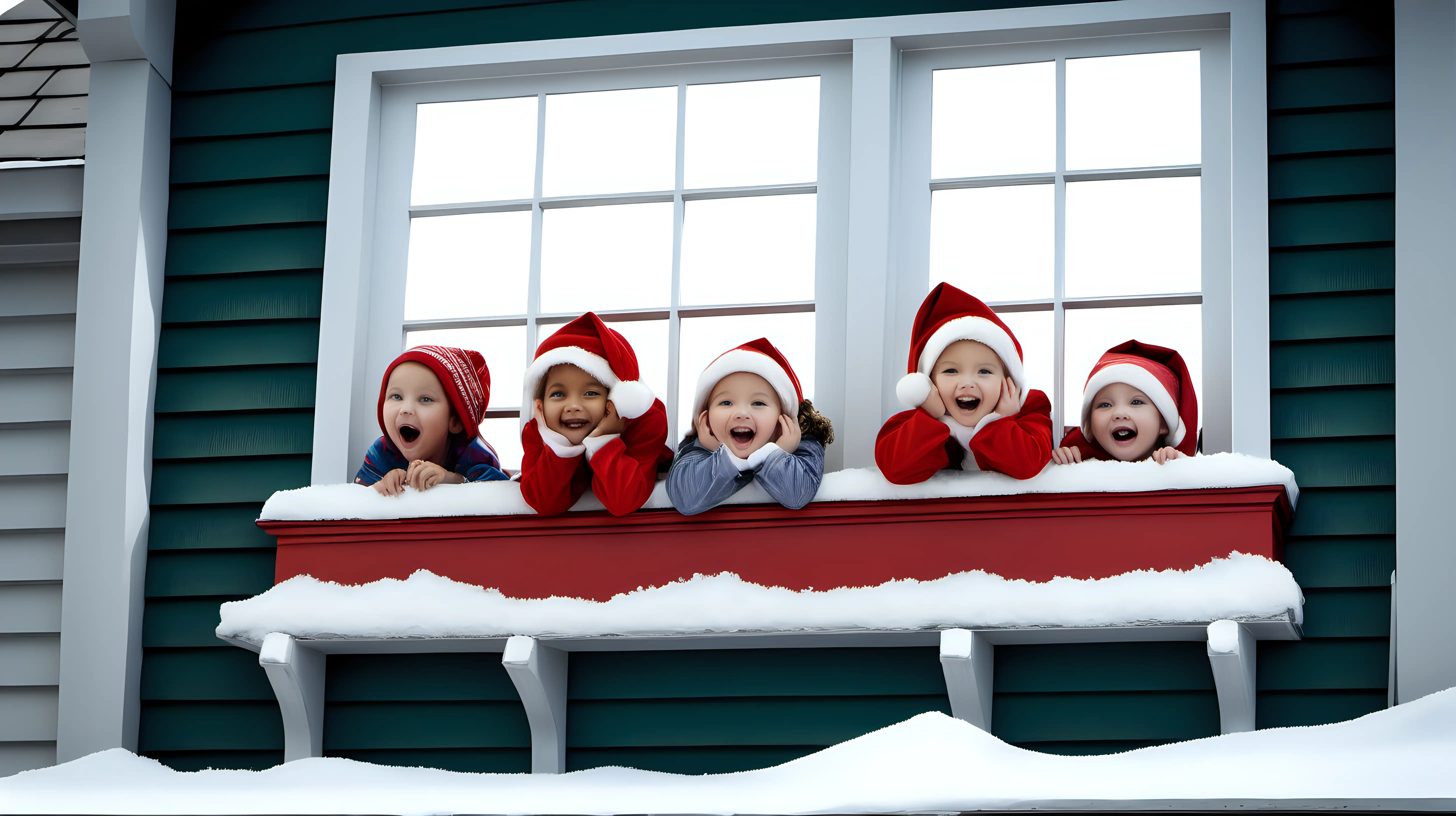 Children Excitedly Await Santas Arrival by the Snowy Window