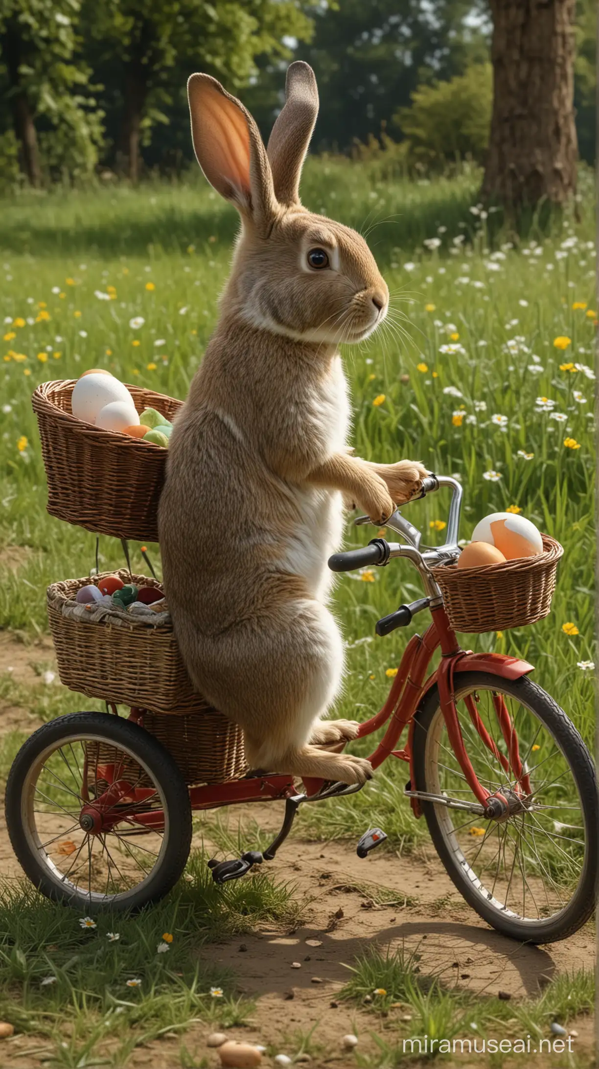 Çayırların üzerinde bir tavşan, 3 tekerli mibi bir bisiklet sürüyor, bisikletin arkasında taşıma sepeti var ve bu sepette büyük bir yumurta var. gerçek resim 8k tam detaylı