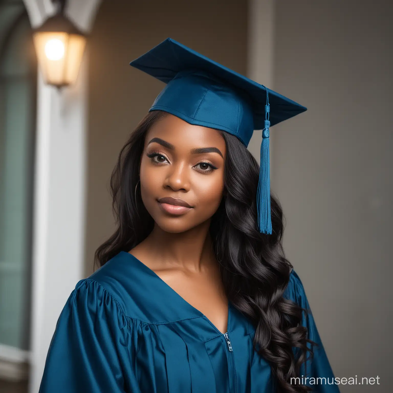 Create a beautiful black woman wearing a blue graduation cap and gown, in the style of portraits with soft lighting, light navy, sony fe 85mm f/1.4 gm, idealized beauty, dark teal and light navy, body wave extensions.