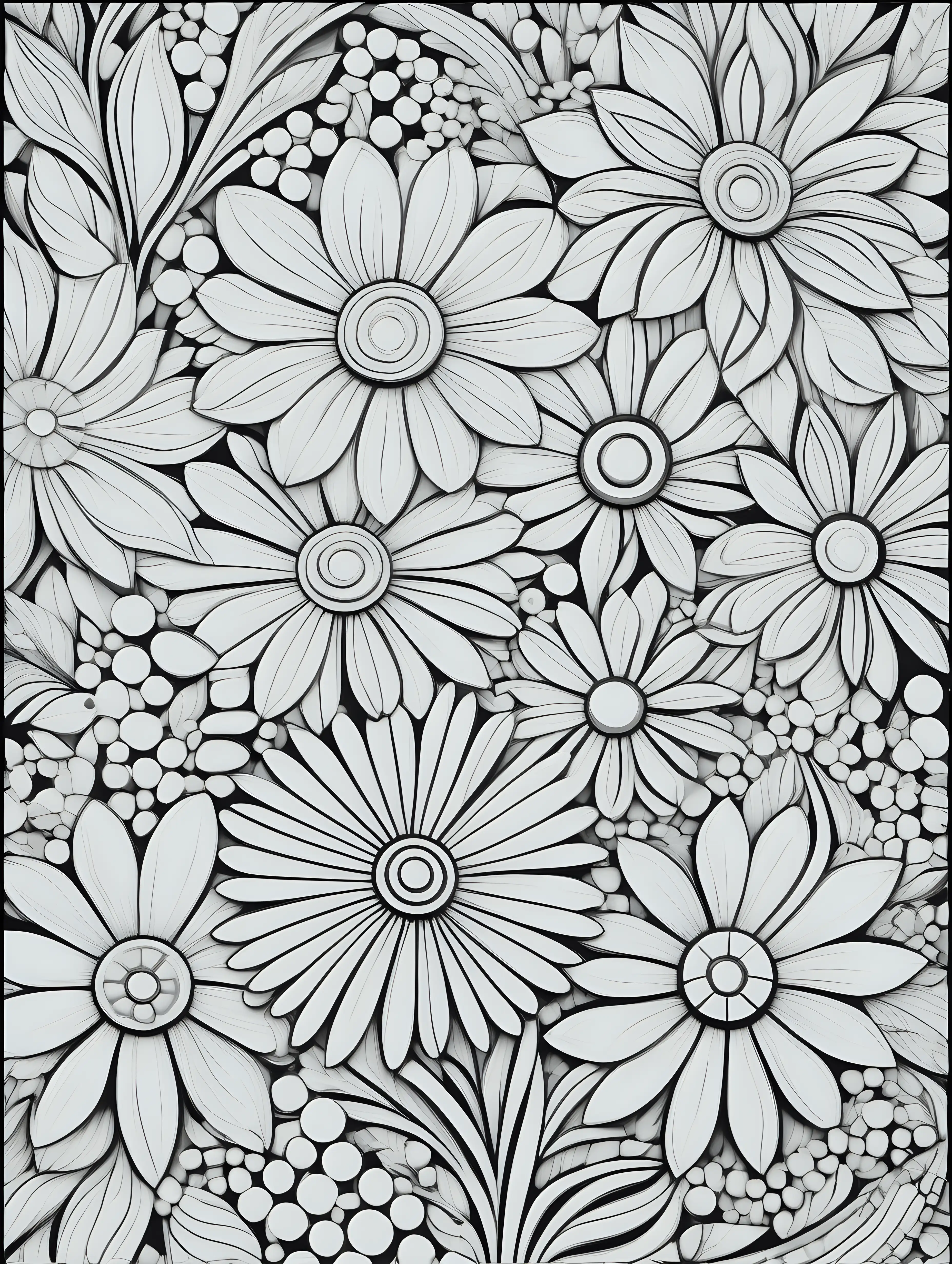 Mosaic Flowers Coloring Page with Thick Lines Intricate Floral Pattern Design for Coloring