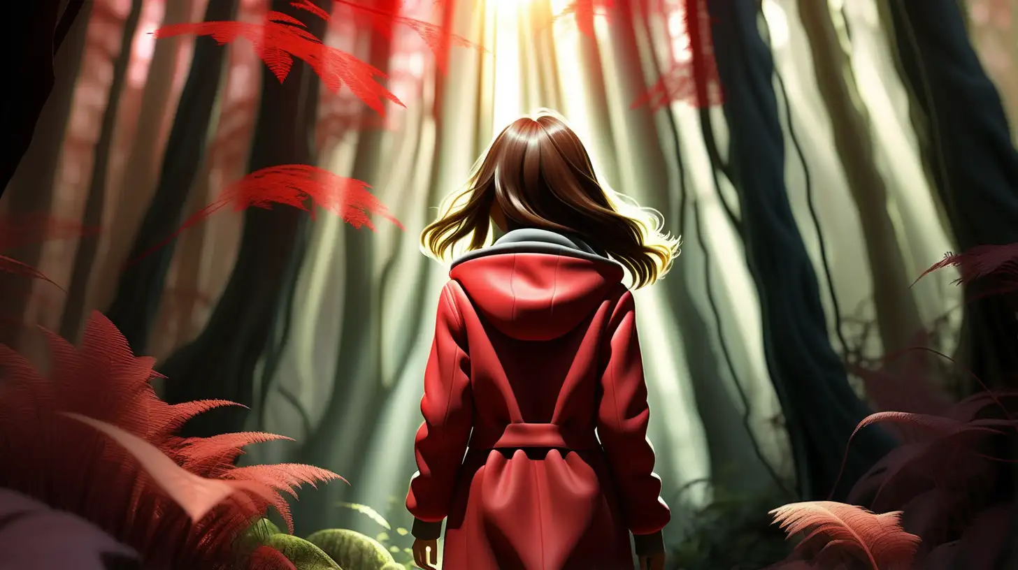 Generate an AI scene featuring a captivating image of a girl in red jacket walking inside a mystical forest. Highlight the ethereal glow of the sun rays against the natural beauty of the surroundings, creating a sense of magic and mystery.