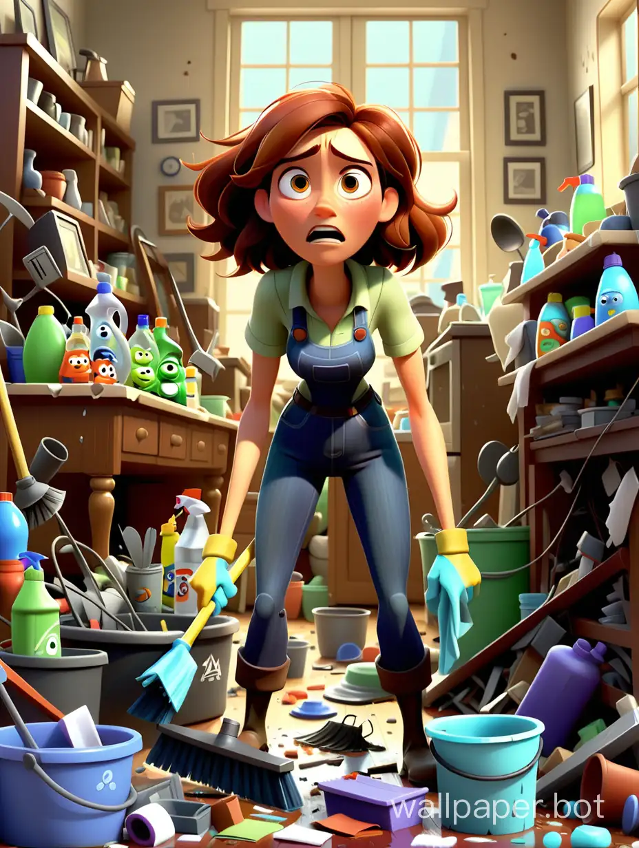 messy place, misc things around, cleaner woman in the middle, pixar scene