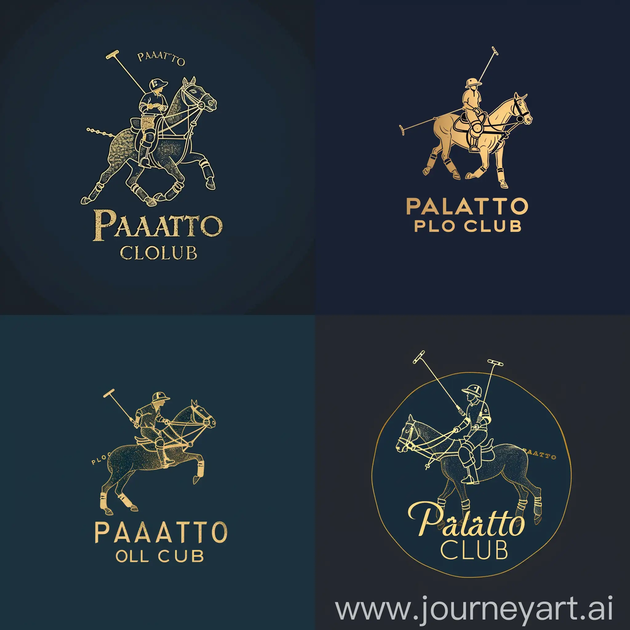 Quiero un logo minimalista, elegante. Para un club de polo, me gustaría más de un elemento relacionado al Polo y todo en color azul marino y dorado. El nombre del club es ¨Palatto Polo Club¨