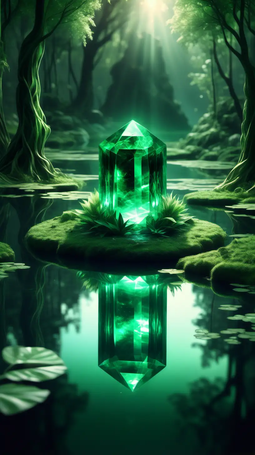 Enchanting Fantasy Scene Radiant Emerald in Mystical Pond