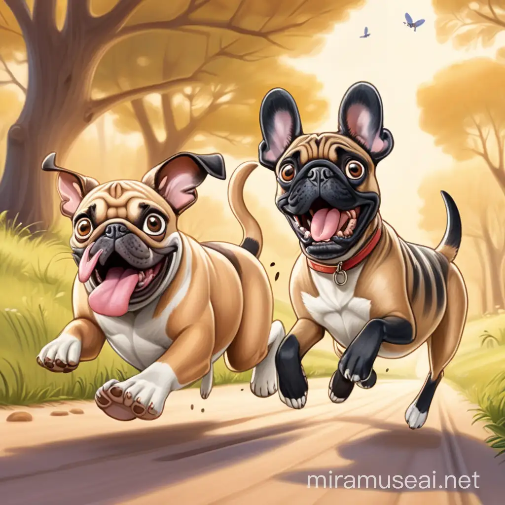 We need a cartoon artwork to be drawn of my two dogs running from 2 kangaroo's. Dogs are a french bull dog and a pug. The picture I want to be a line drawing with a cartoon look of the dogs running. With big buldging eyes and tongues hanging out being chased by two kangaroos.